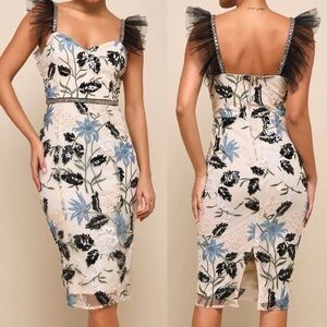 NWT Show Stopper Cream Embroidered Sequin Bodycon Midi Dress